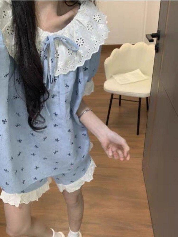 

Blue full-printed bow pajamas women s summer lace lace short-sleeved shorts set can be worn outside women s loungewear S