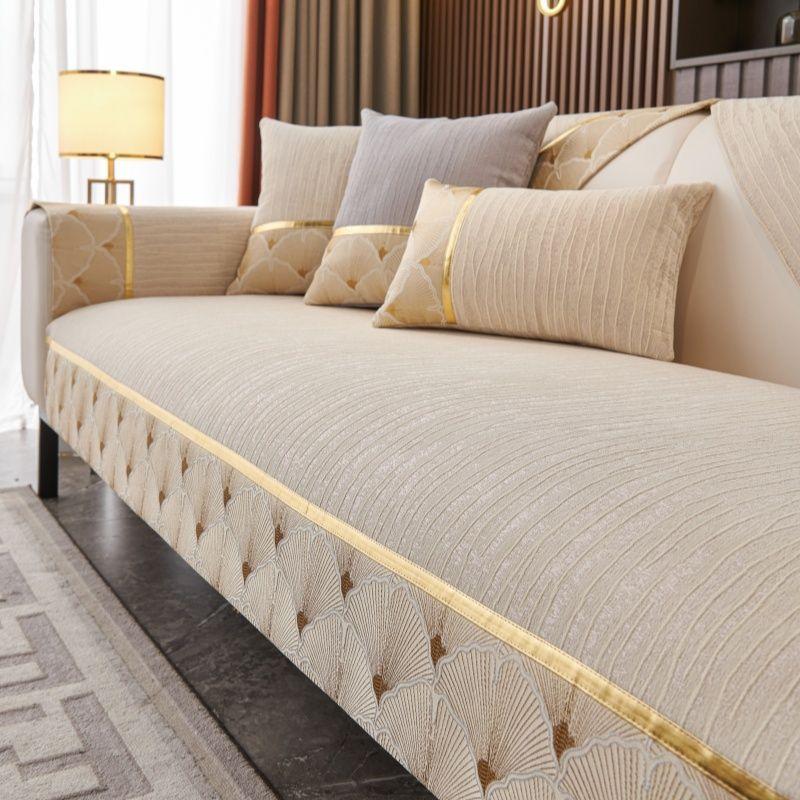 1 Stück Chenille Sofaüberwurf, Rutschfester Sofabezug, Nordischer Sofabezug mit goldenem Rand, Möbelschutz für Schlafzimmer, Büro, Wohnzimmer, Heimdekor