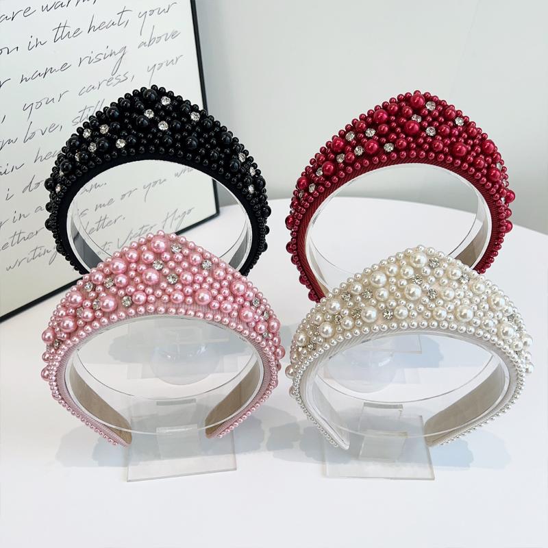 1Pcs Crystal Hairbands Luxurious Pearl Headbands Vintage Beaded Sponge Hair Hoop Handmade Anti-Slip Rhinestone Tiara Bridal
