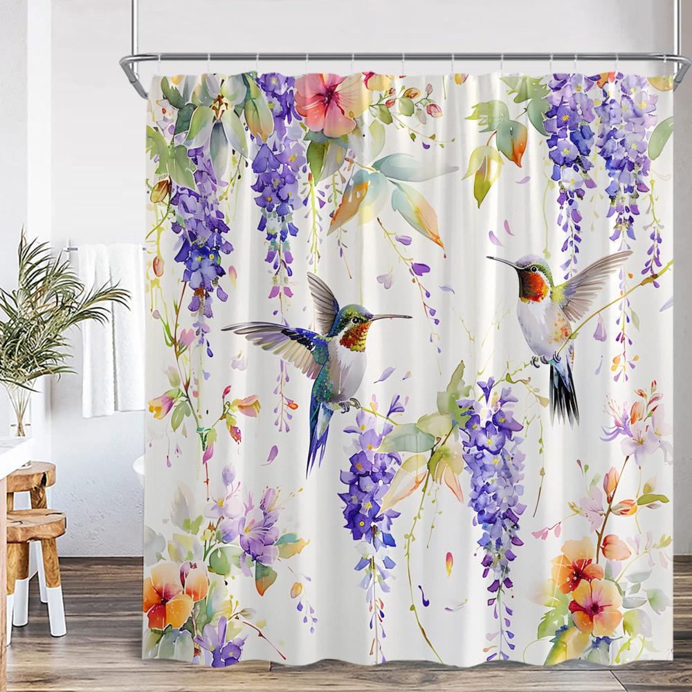 Tropical Leaf Parrots Shower Curtain Boho Vintage Floral Flower Hummingbird Plant Bathroom Decor Animal Print Modern Bath Curtai