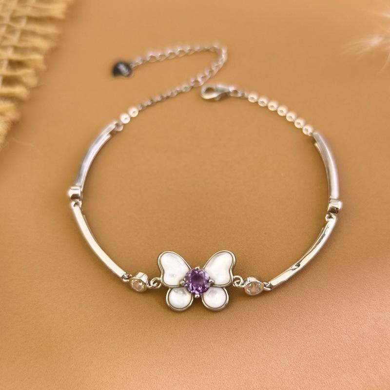 

S925 Silver Butterfly Bracelet for Women, Luxury Shell & Natural Stone Crystal Beaded Bangle, Elegant Jewelry Gift 925 silver