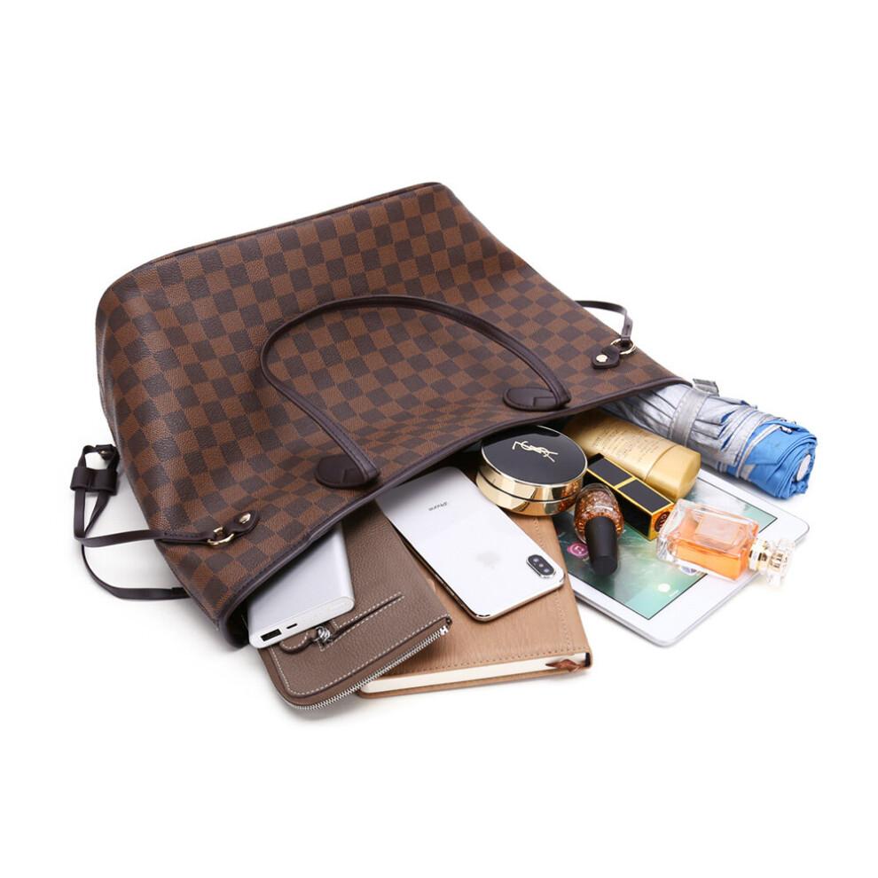 (Coffee) Women Checkered Tote Shoulder Bag Purse PU Leather Handbag Bag With Inner Pouch
