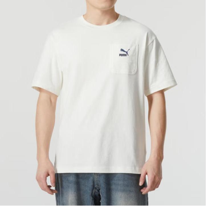 Puma Logo Pocket Design Loose Casual Sports Crew Neck Short Sleeve SS24 Drop Shoulder T-Shirt Men Tops White 626858-65