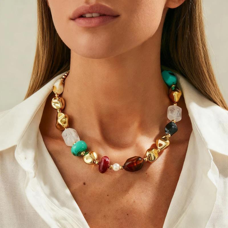 Bohemian Colored Resin Beaded Necklace For Women Vintage Adjustable Acrylic Short Choker Jewelry Gift