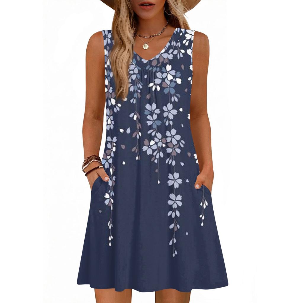 Women's Fashion Printed Summer Sleeveless V-neck Tank Top Pocket Casual Loose Dress