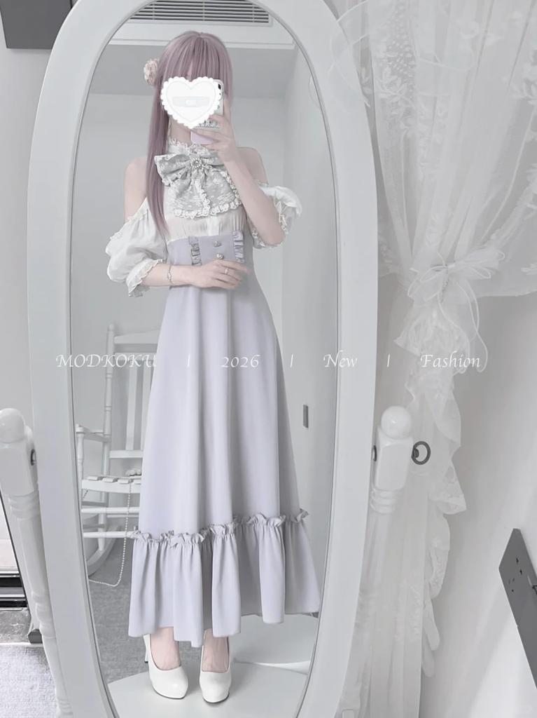 Elegant Open Shoulder Dress for Faux Sexy Lace High Waist Gothic Mori Young Short Size S [MODKOKU] Women, Layered, Lolita, Dress, Lolita, Ribbon,