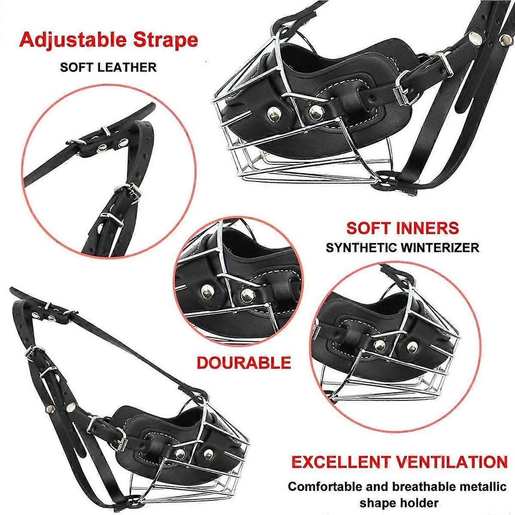 Dog Muzzle, Dog Metal Face Basket, Dog Mouth Breathable Adjustable Leather Leash Suitable