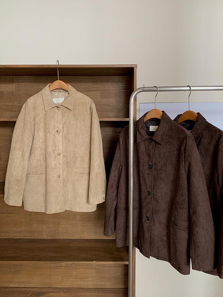 In-Stock Suede Lapel Jacket - Korean Style, Mid-Length, Khaki, Autumn Retro, Loose Fit