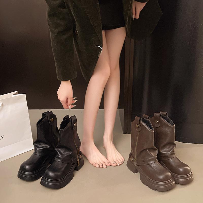 Thick-soled Martin boots women's 2025 autumn and winter new British style explosion small slim short boots Maillard V-mouth boots