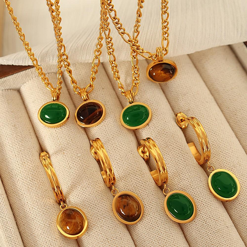18K Gold Tiger Eye Oval Necklace & Earrings Set - Elegant French Clavicle Jewelry for Women