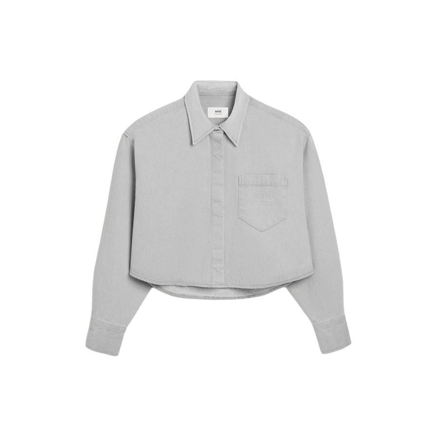 Amiparis Comfortable Denim Short Button-Up Long Sleeve Shirt With Letter Embossing Women shirts Gray FSH134.DE0028