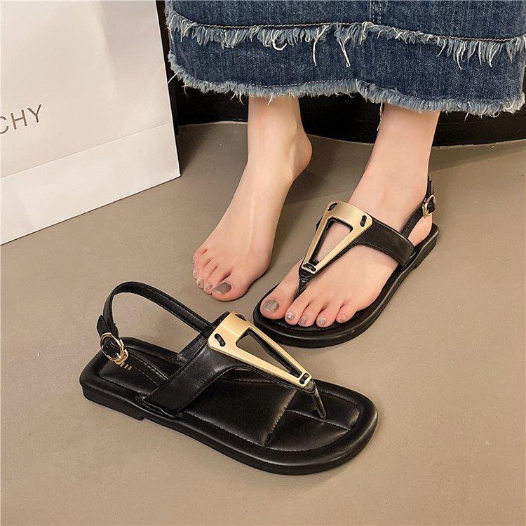 French Metal Toe Herringbone Sandals 2025 Summer New Beach Roman Shoes Comfortable Soft-soled Flat-soled Roman Sandals