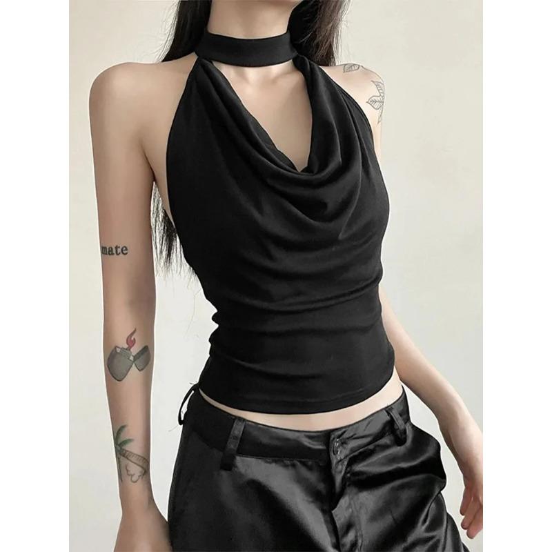 Y2K Caldo Emo Estate Donne Gyaru Acubi Streetwear Sexy Casual Nero Bianco Grunge Senza Maniche Schiena Nuda Halter Gilet Crop Top Vestiti