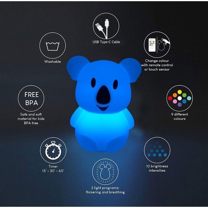 Koala Veilleuse LED enfants - lampe en silicone/lumière baby/lampe de chambre de bébé/lampe de lit - luminosité et couleur réglables