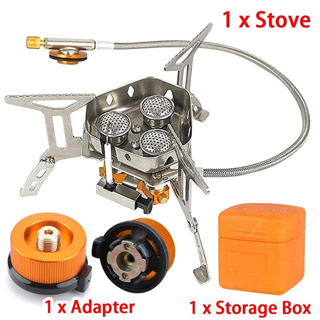 Camping Tourist Burner Outdoor Portable Three Head Stove Big Power Gas Stove Camping Picnic Windproof Stove Cooker Equipment