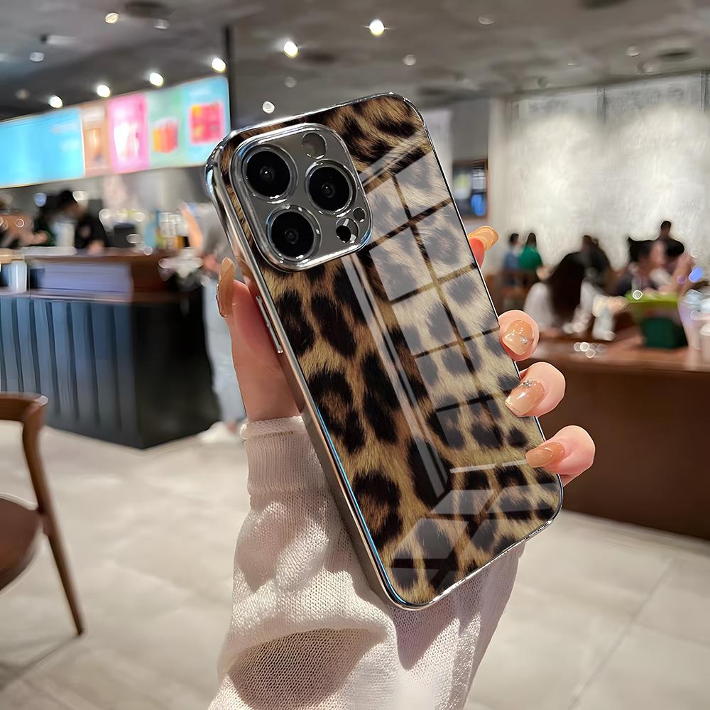 Luxurious Leopard Print Phone Case For IPhone 17 Pro Max 15 Pro 16 14 Plus 12 13 Mini 11 Pro Shockproof Electroplated Glass Cov