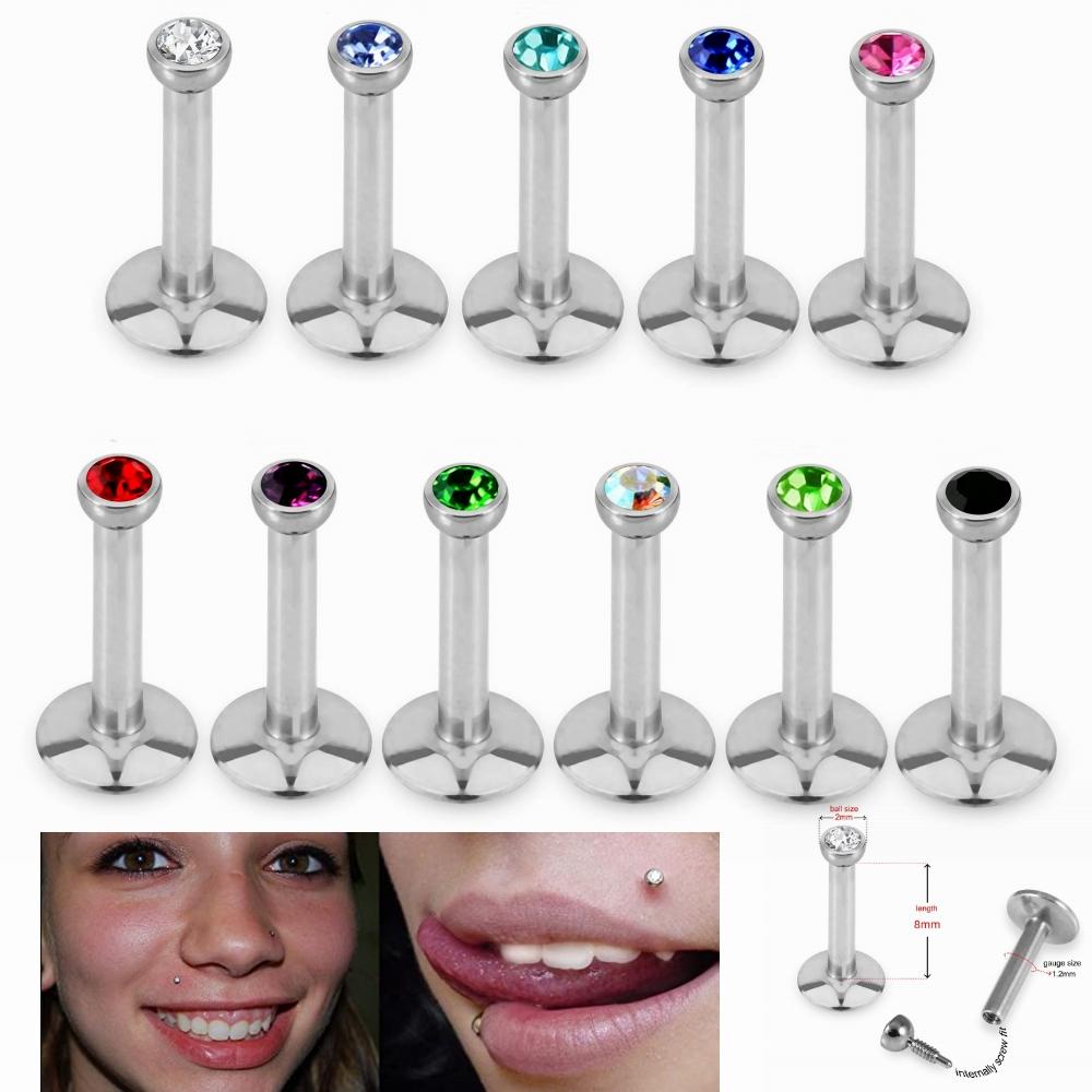 2X 2mm Multicolour Crystal Internal Thread Labret 6mm - 12mm Steel Ring Bar Ear Tragus Monroe Lip Stud Piercing