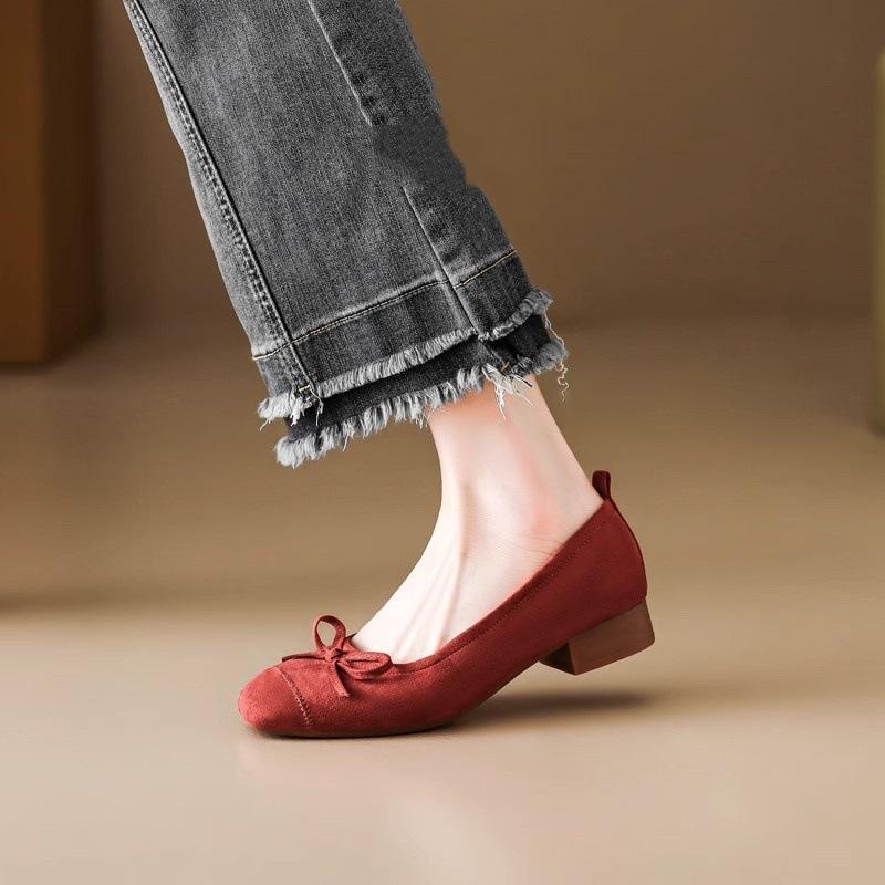 Leather version! Half-song red ballet single shoes women's bow retro flat-bottomed laden shoes square head shallow mouth grandma shoes
