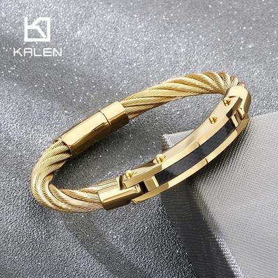 Stainless Steel Cable Wire Bracelet for Men Gold Color Magnetic Clasp Jewelry Trendy Black Accent Wristband Accessory for Gifts