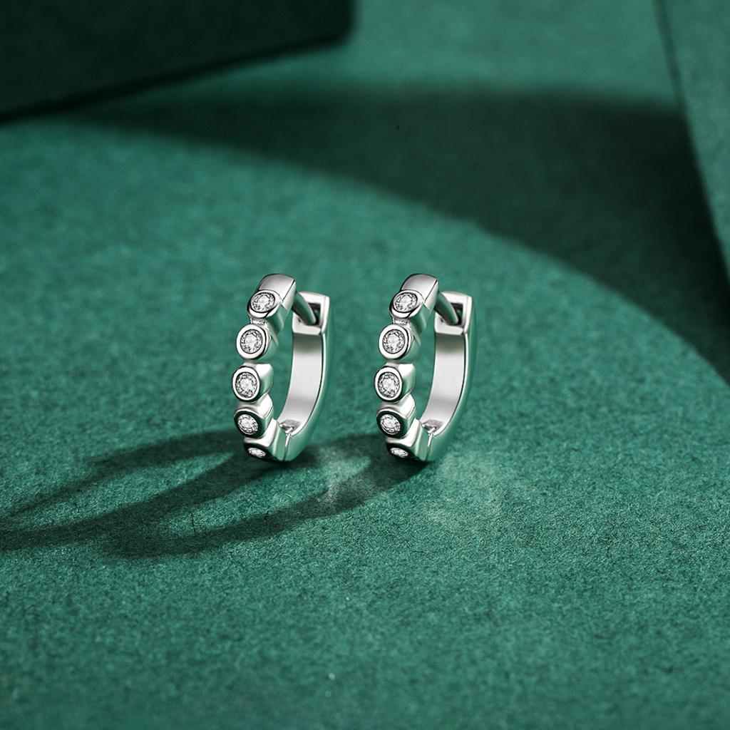 Modian Silver Turquoise Tiny Earring Real 925 Silver Round Clear CZ Hoop Earrings For Women Girl Party Fine Jewelry