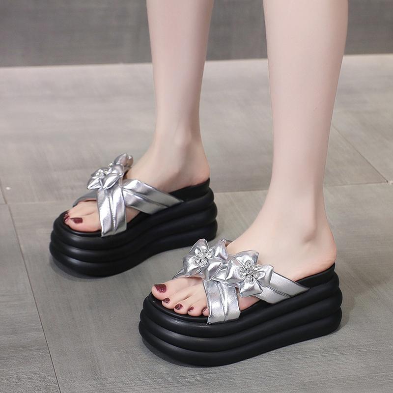 Fashion High Platform Slippers For Women Open Toe Leather Wedges Chunky Sandals New Summer Soft Thick Bottom Female Beach Flip Flops 8CM