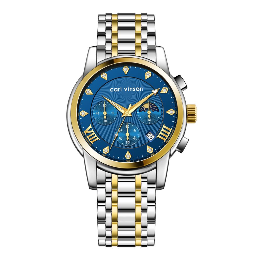 Men's Multi-function Watch Stainless Steel Strap Bow Buckle Men's Watch Moon Phase Waterproof Luminous Watch