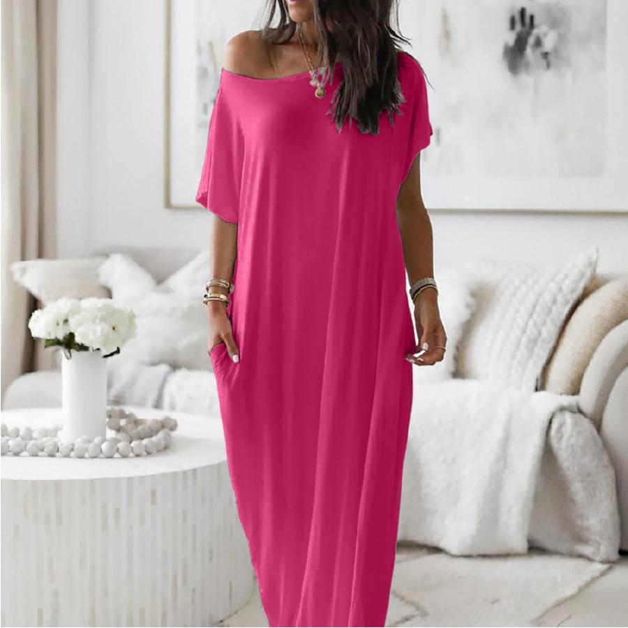 Sommer Neues Damen Einfarbiges Kurzarm Langes Lässiges Kleid