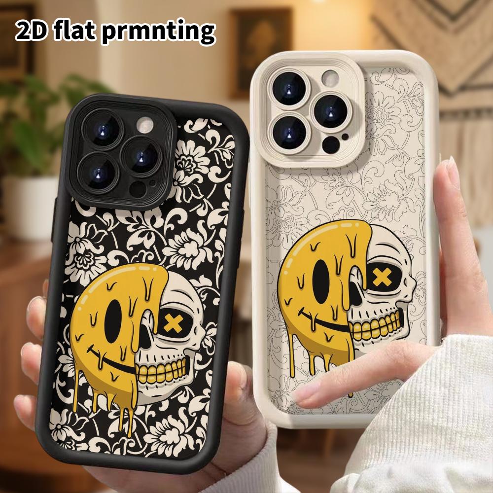 Phone Case: 2D Flat Design Suitable for iPhone 18, 17, 16, 15, 14, 13 Pro Protective Case, Unisex, Smiling Skull, Christmas and Halloween Gift