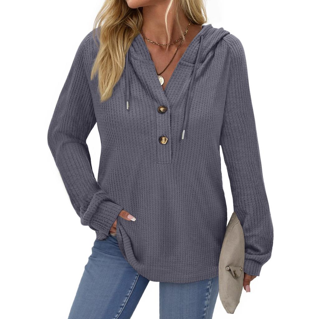 Women's Fashion Long-Sleeve Solid-Color Hooded Button-Up Casual Sweatshirt Top