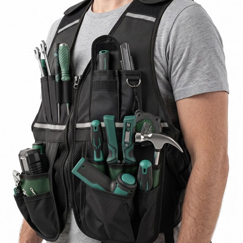 Multi-Pocket Utility Vest With Reflective Trim and Adjustable Side Bands for Keeping Common Work Items Close During Maintenance and Installation Tasks