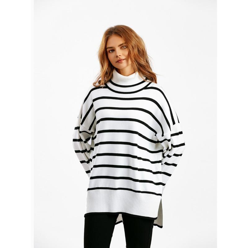 Herbst und Winter Damen Pullover Strickpullover Pullover Clashing Stripes High Neck Loose Casual Pullover