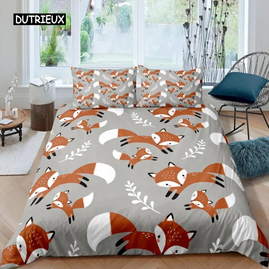 Cartoon Fox King Queen Duvet Cover Lovely Orange Animal Floral Bedding Set Kids Girls Flowers Plant 2/3pcs Polyester Quilt Cover Three Piece Set