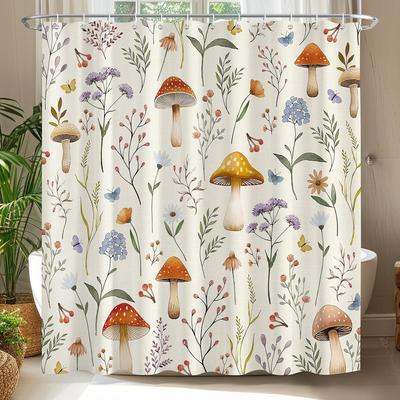 Mushroom Shower Curtains for Bathroom,Vintage Botanical Bathroom Shower Curtain Set Plants Wildflower Fabric Curtains with Hooks