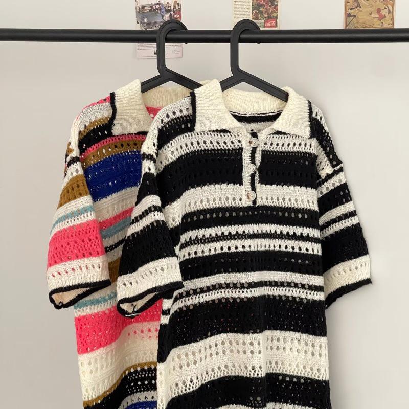 Men's Summer 2023 Retro Striped Hollow Knit Short Sleeve Polo Shirt
