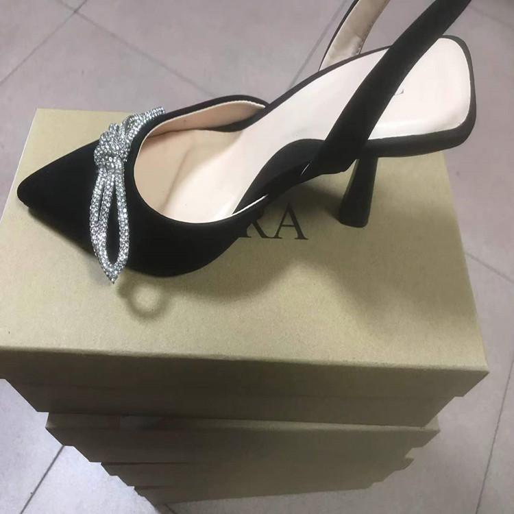 

2025 spring and summer new products bow rhinestone high-heeled sandals women s thin heel pointed back empty fashion women s sandals 35 чёрный