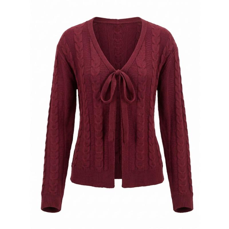 Suéter cárdigan corto de punto trenzado para mujer, cuello en V, corbata de lazo, manga larga, principios de otoño