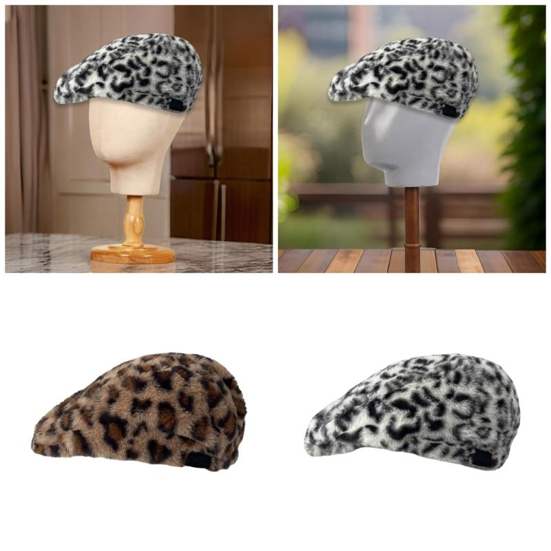 Popular Plush Leopard Beret Hat for Adult Painter Hat Spring Dome Hat Girl Photoshoots Hat Thick Warm Caps for Winter
