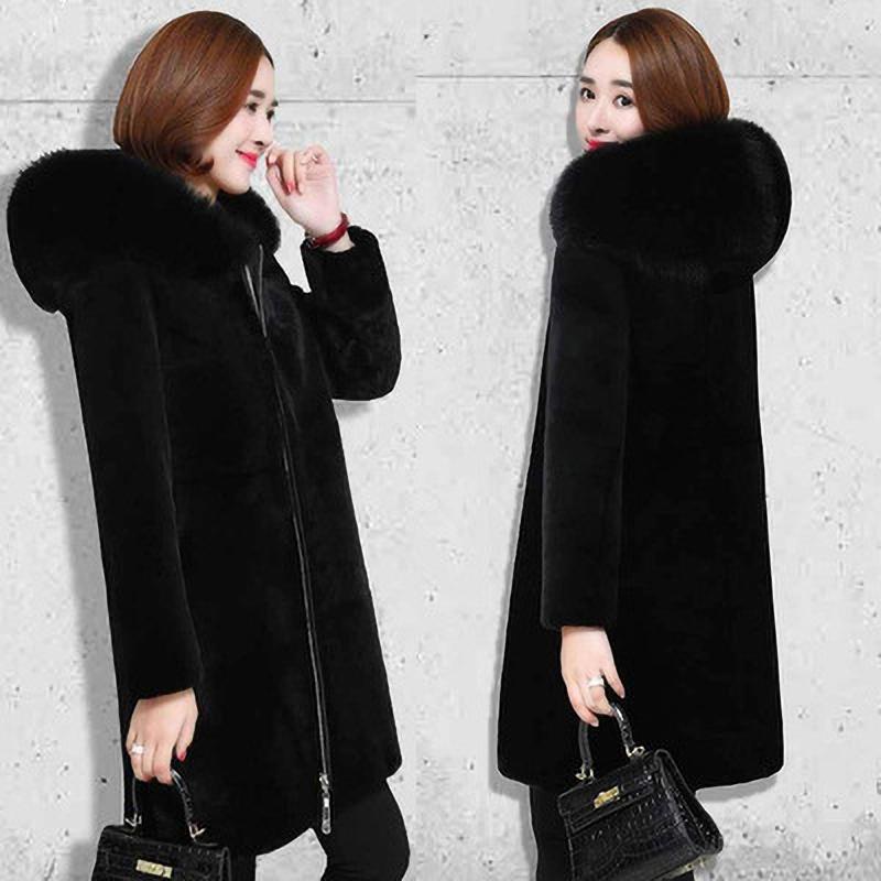 Winter Fur Jacket Black Hooded Parkas Coat Thicken Ladies Warm Long Overcoat Windproof Snow Outerwear