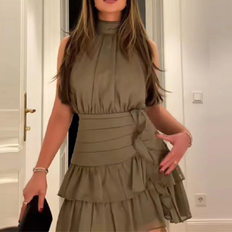 Women's clothing, new spring models in Europe and America, neck-hanging off-the-shoulder pleated ruffle skirt dress