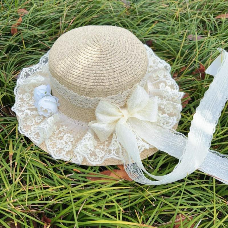 A Mori Pastoral Lo Girl Soft Girl Hat Lace Bow Visor Doll Woven Hat Streamer