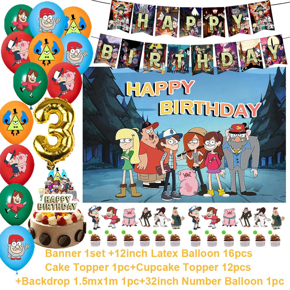 G&Gravity F-Falls Theme Birthday Party Decoration Cartoon Backdrop Banner Cake Topper Number Balloon Baby Shower Party Supplies