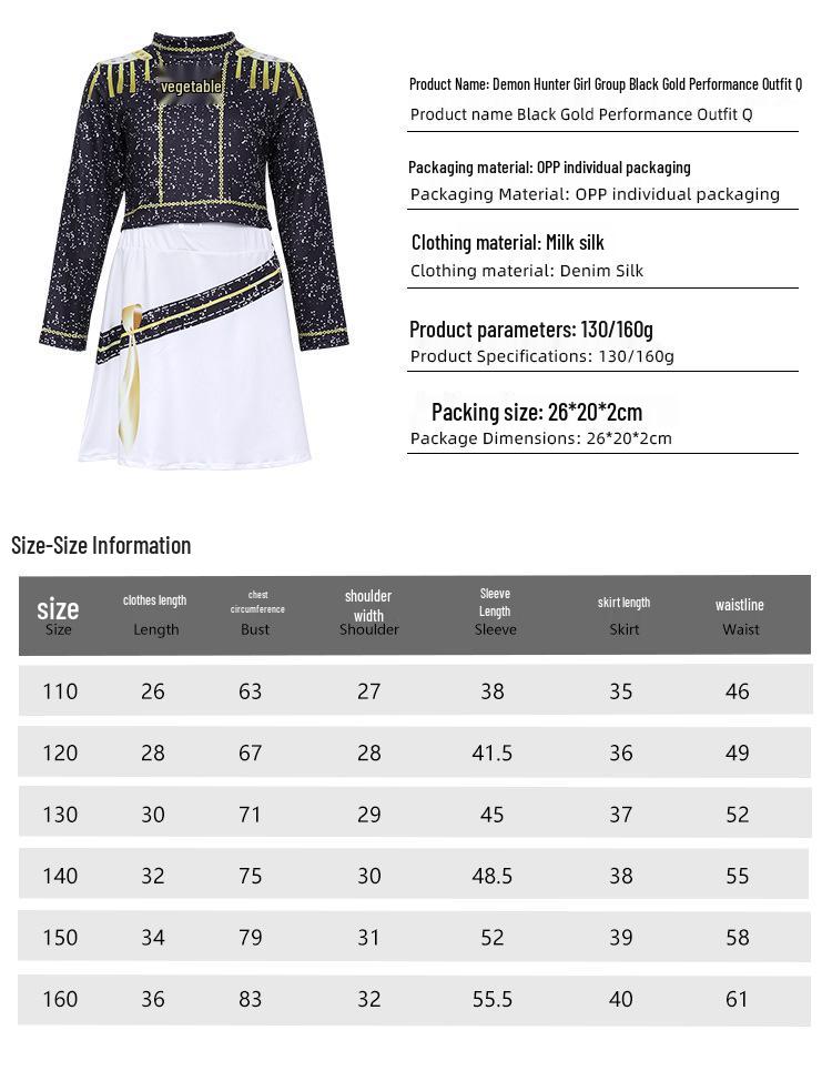 Black Gold 2-Piece Demon Hunter Pop Singer Costume for Girls - Cool 3D Print Children's Outfit