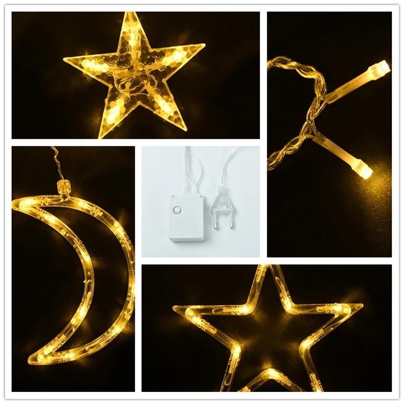 Twinkle Star/Moon Fairy Light Ornament  Curtain String Lights for Bedroom Ramadan Birthday Christmas Indoor Decorations