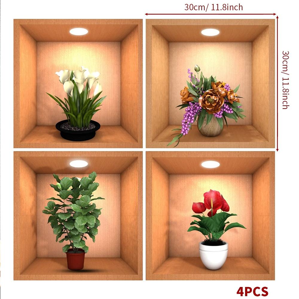 

4Pcs 3D Plant Wall Stickers Floral Pattern Green Plants PVC Wall Sticker for Home Art Room Bedroom Background Decoration