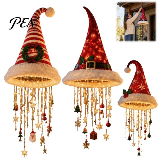Christmas Hat Shaped Wall Decor Lighted Santa Hanging Chandelier, Warm LED String, Sequined Cone Pendant with Housewarming Gifts for Chime Star