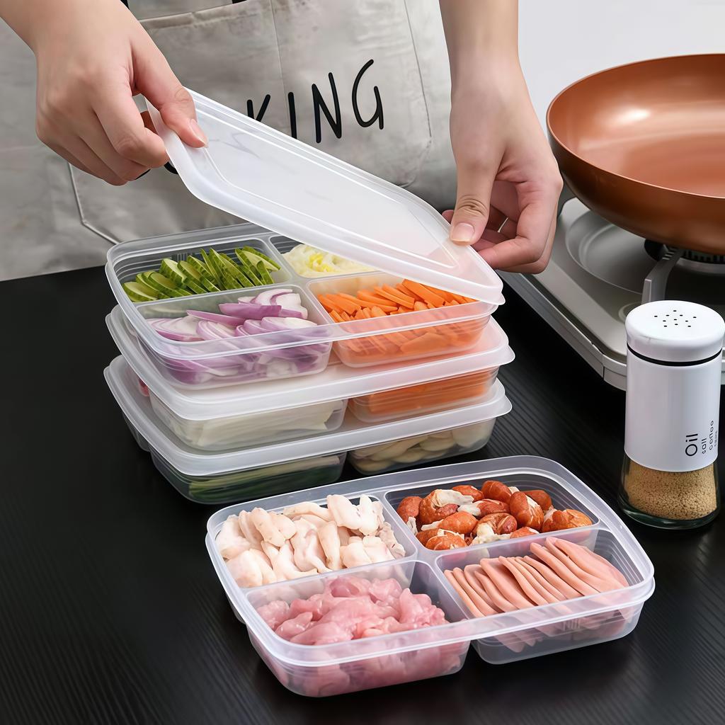 5\10\20pcFood Grade Sealed Fridge Storage Box 4-compartment Fresh Keeping Container for Frozen Meat, Scallions, Ginger & Garlic.