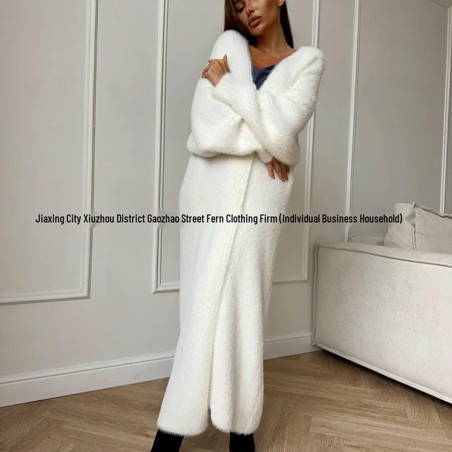 Women's Plush White Imitation Mink Long Cardigan – Cozy Autumn/Winter Knitwear, Plus Size Available