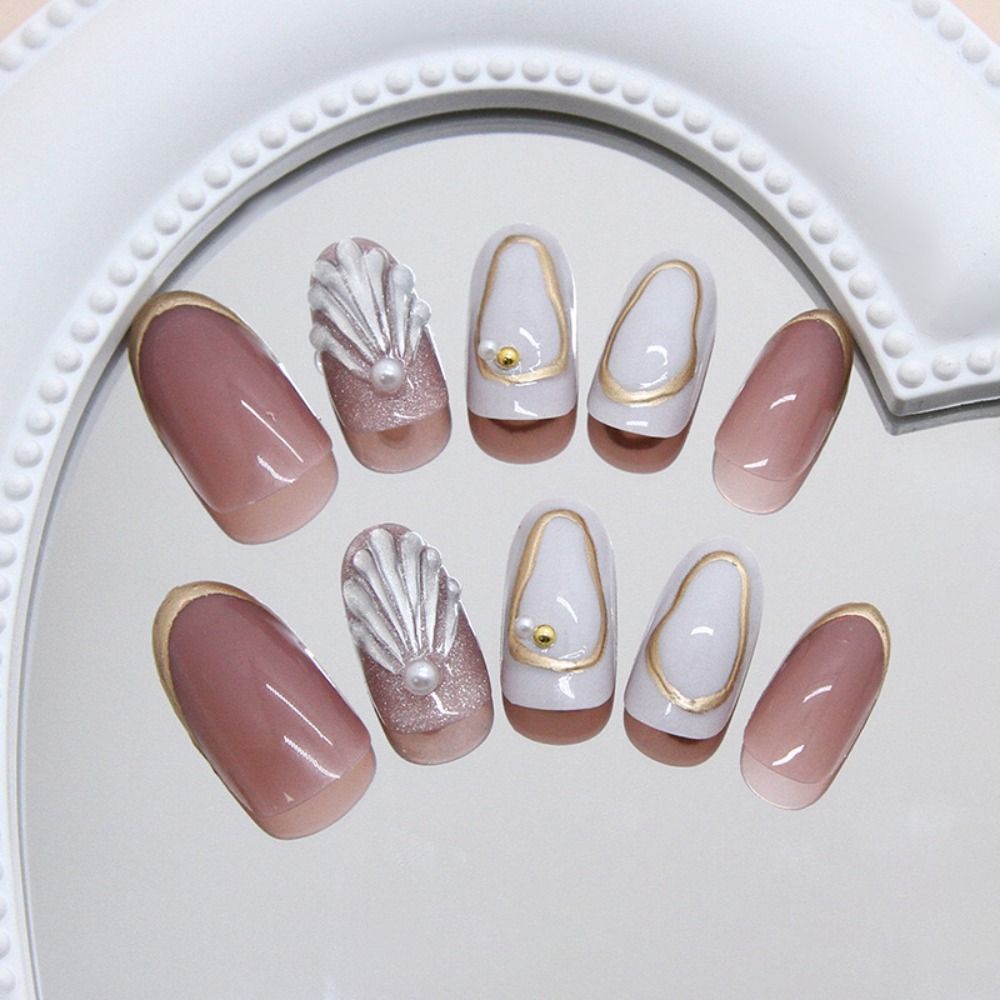 24pcs Manicure Oval False Nails Cat Eye Shell Pearl Press on Nails Detachable French Fake Nails DIY