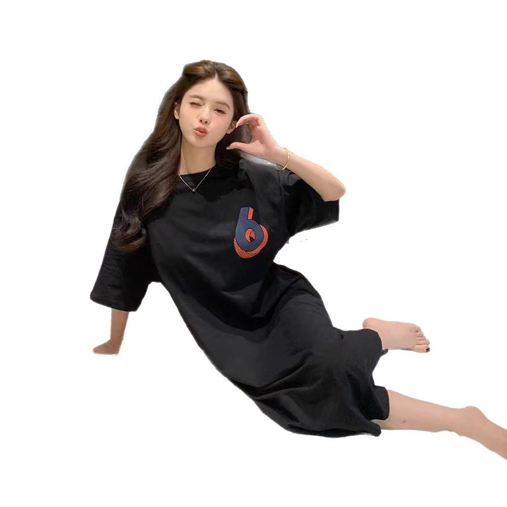 Summer Korean-style long T-shirt dress, women's loose large-sized short-sleeved slit over-the-knee dress, and a long skirt that covers the belly
