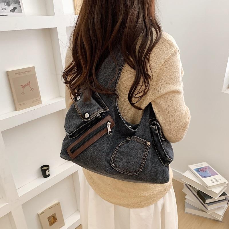 Washed Denim Slouchy Hobo Bag with Multi Pocket Design and Ruched Strap Casual Shoulder Purse for Women Daily Travel
